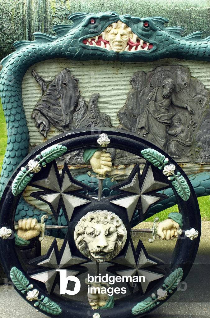 Dragons and other decorations on a Belgian cannon in the Tower of London, England