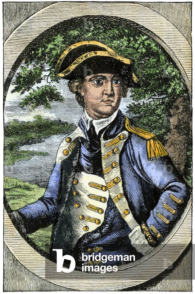 Benedict Arnold (1741-1801), portrait published in Nuremburg, 1778. Hand-colored woodcut of an 18th-century illustration