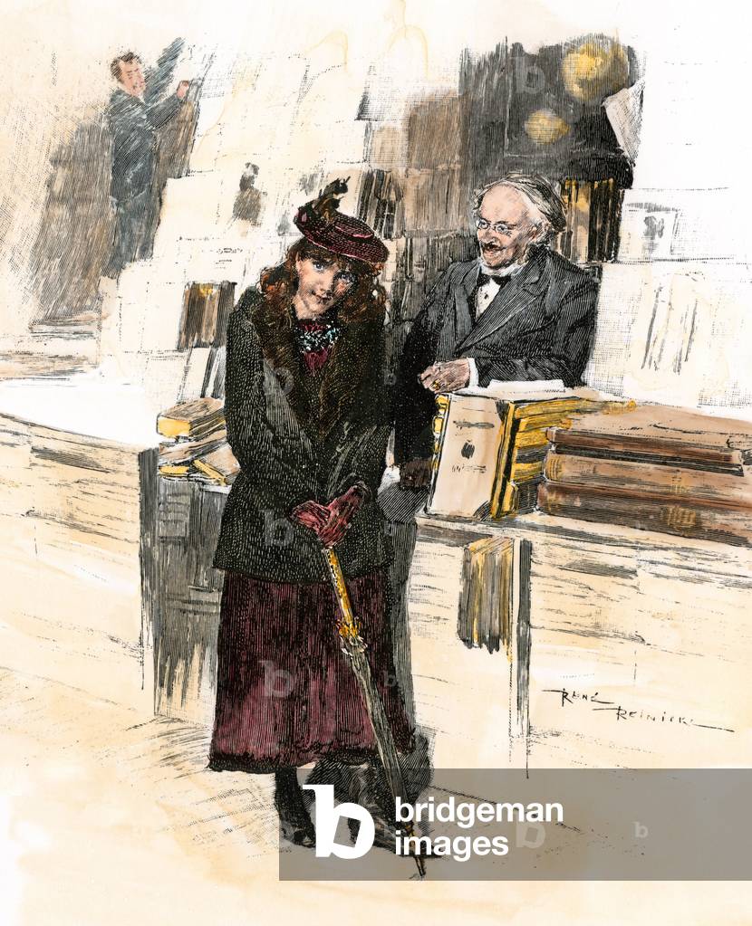 Second hand book: Young woman at the counter of a bookstore, late 1800's. Colour engraving of the 19th century.