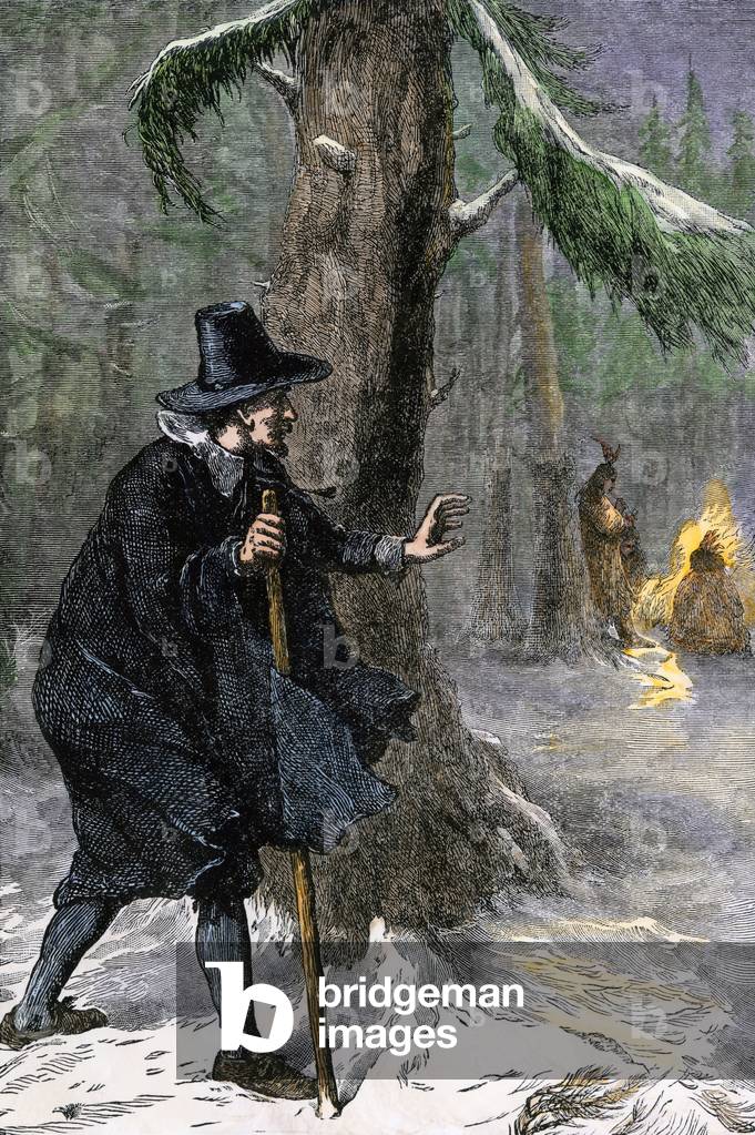 United States, Rhode Island State: Roger Williams took refuge with the Indians of America on Rhode Island after his exile from Massachusetts in 1635. Colour engraving of the 19th century