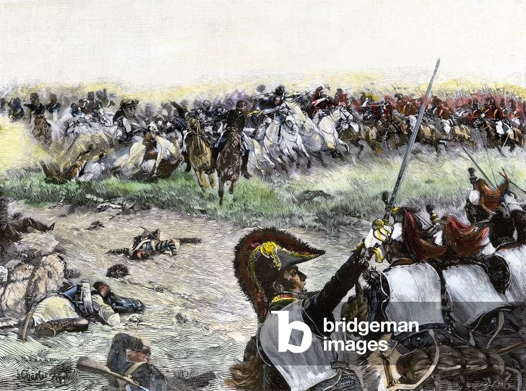 Cavalry loading marking the end of the Battle of Waterloo against the Arms of Napoleon I Bonaparte, 1815. Colour engraving of the 19th century