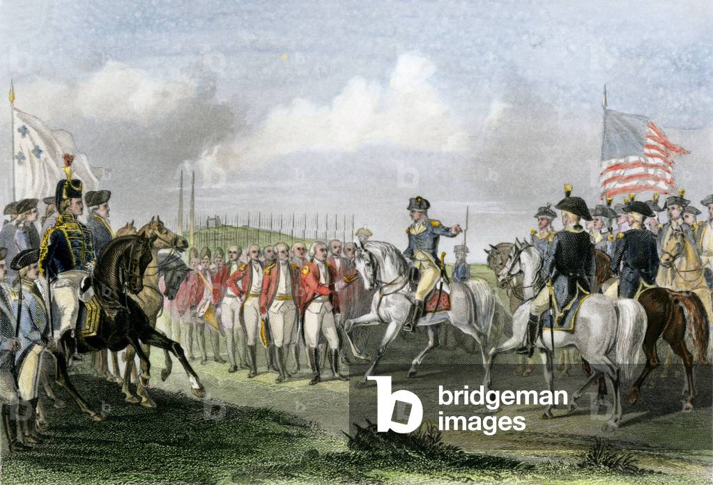 War of Independence of the United States of America (1775-1783): The surrender of the British army under the command of Lord Charles Cornwallis (1738-1805), during the victory of American and French troops at Yorktown, 1781. Engraving of the 19th century.