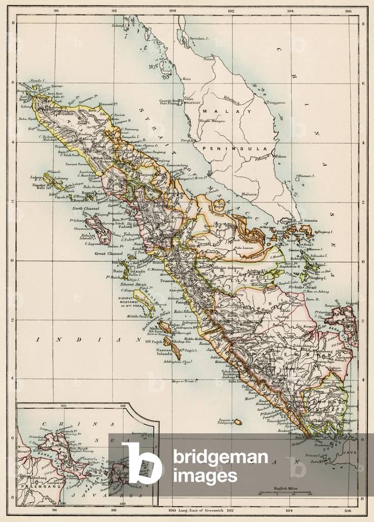 Geographic map of the Sumatra, years 1870. 19th century colour engraving.