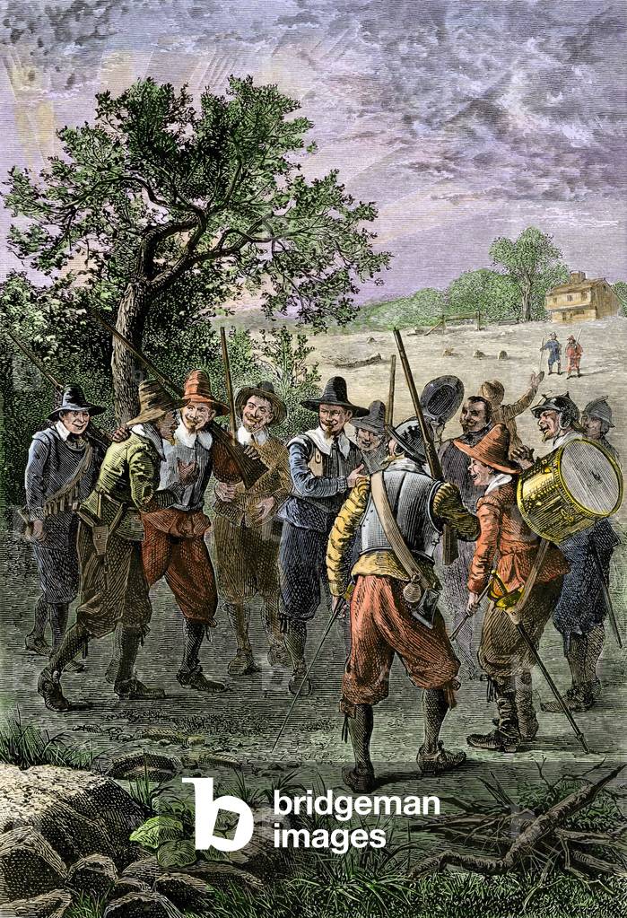 United States, Massachusetts: armed settlers returning home after a false alarm, Massachusetts, 1600s. Colour engraving of the 19th century.