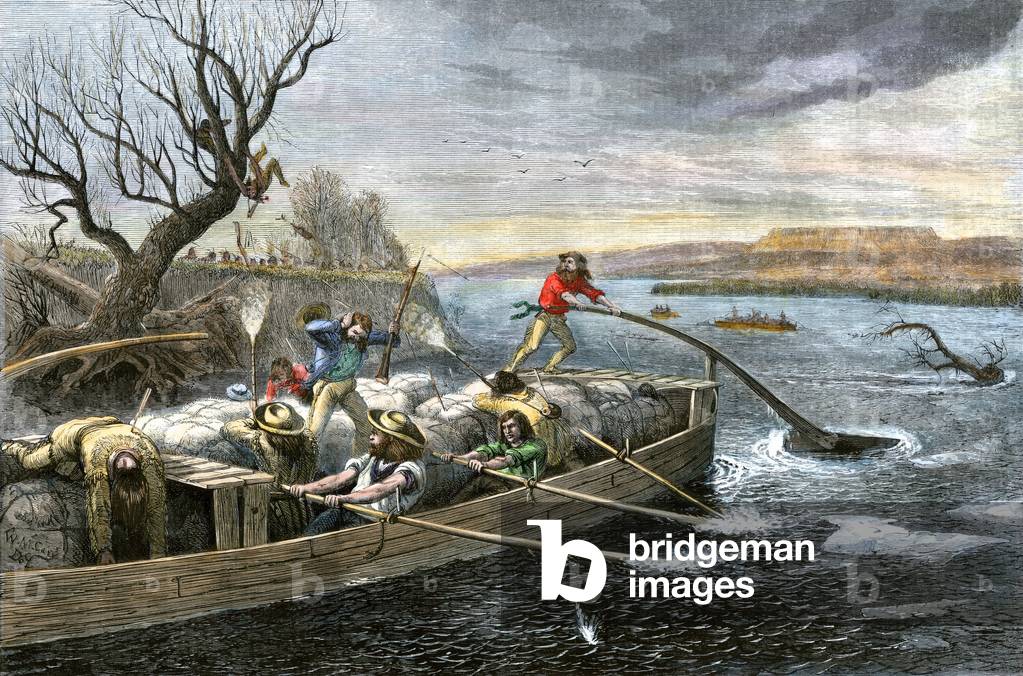Pelzhändler wurden von Indianern am Missouri River angegriffen. Farbstich aus dem 19. Jahrhundert.