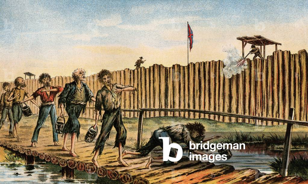 American Civil War, 1861-1865: prisoner of the Union Army killed by a guard in Andersonville in the Confederate Prisoner of War camp in Georgia, USA. Lithography.