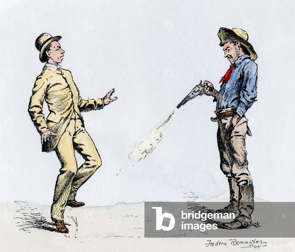 History of the West Conquete settlers: American pioneers. Shooter dancing his victim. 19th century coloring engraving by Frederic Remington.