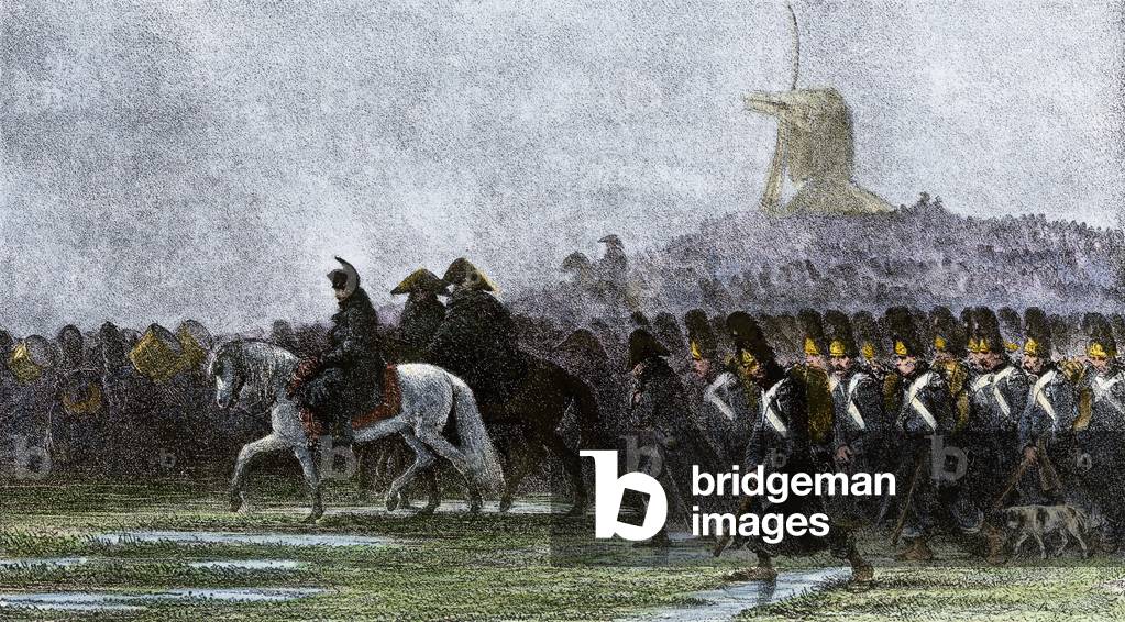 Napoleonic Wars (1805-1815): the French army invaded Poland, 1806, marched troops in the rain. Coloured water, 19th century.