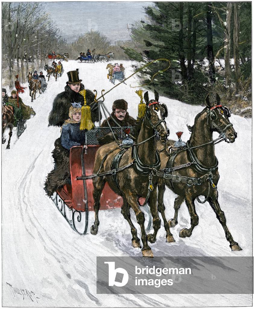 Slitte da cavallo a Central Park a New York (USA), 1890 circa - Incisione a colori XIX secolo (Slitta a Centra