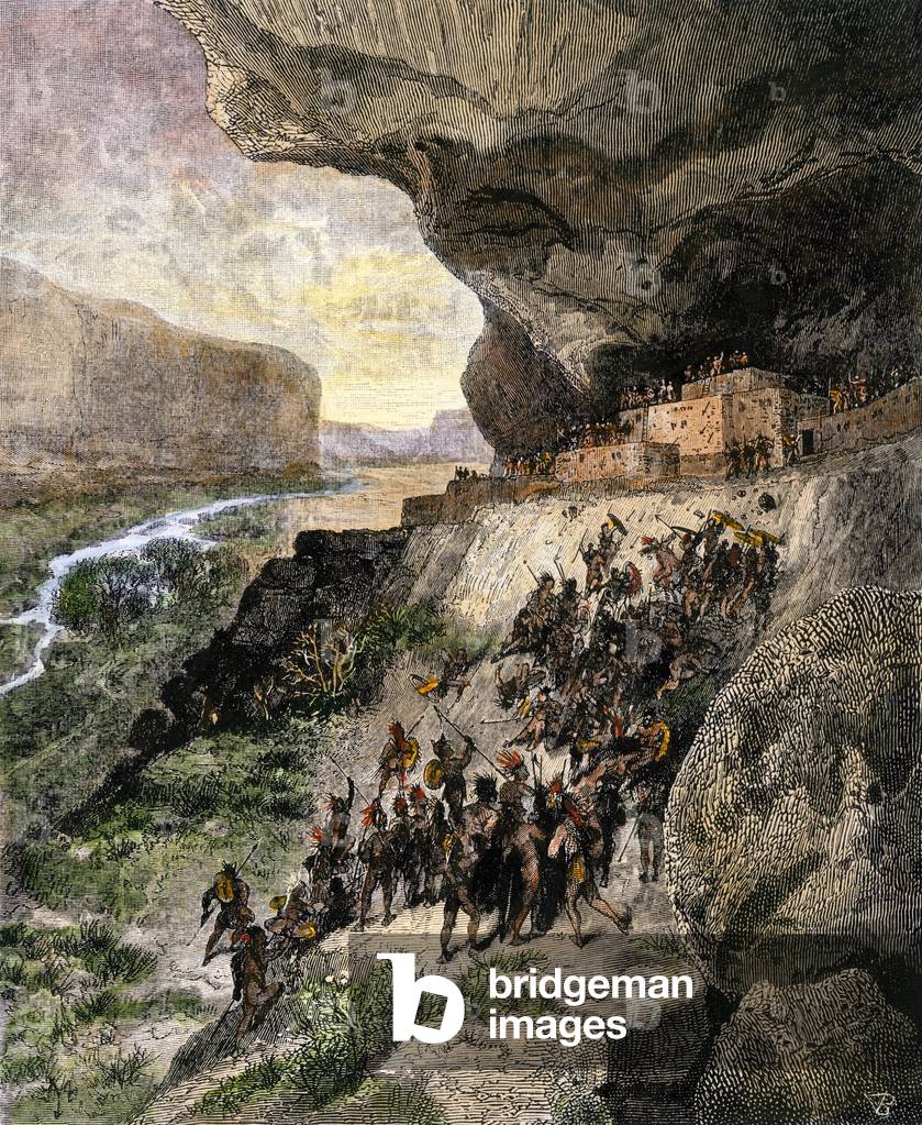 The Anasazis (former Pueblan people) attacked by other Indians of America during prehistoric times. Colour engraving of the 19th century