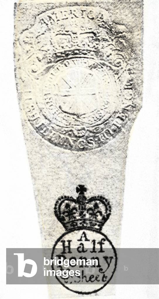 Independence of the United States of America (1775-1783): Example of a stamp used on tax stamps by the English government symbol of taxes imposed on settlers by the British state. Stamp Act. College simile.
