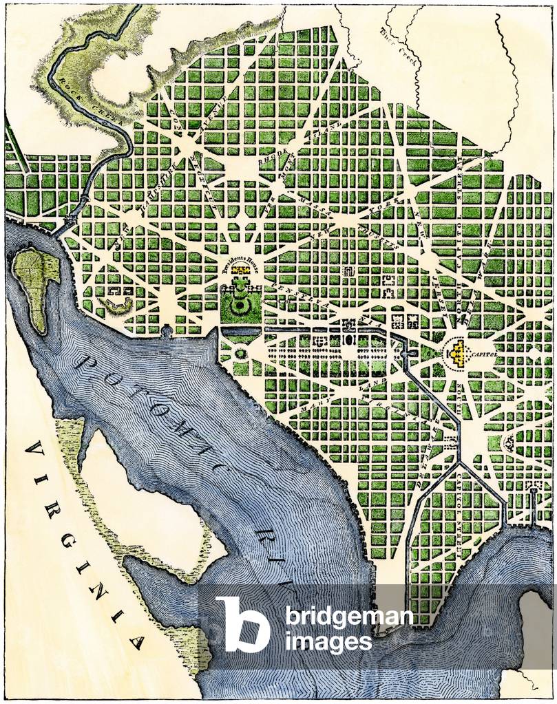 USA, Washington DC: Washington DC as it was extended in the 1700s. Reproduction of an engraving from 1793.
