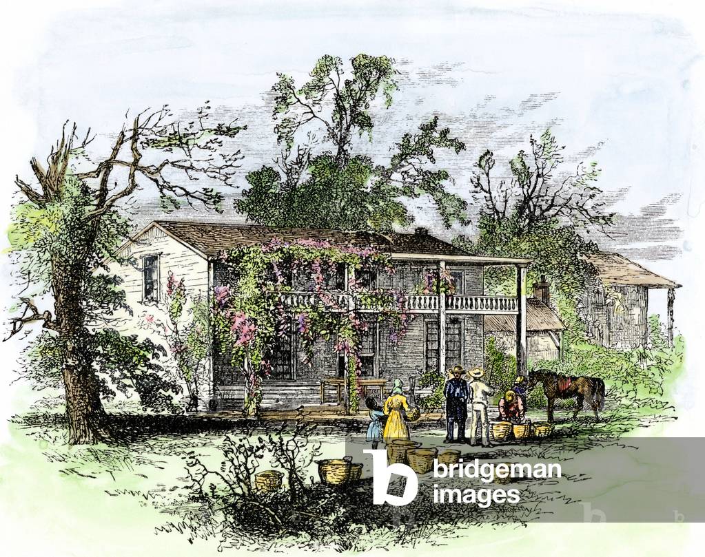 Storia dei coloni West Conquete: pionieri americani. Casa delle piantagioni del proprietario. Incisione colora