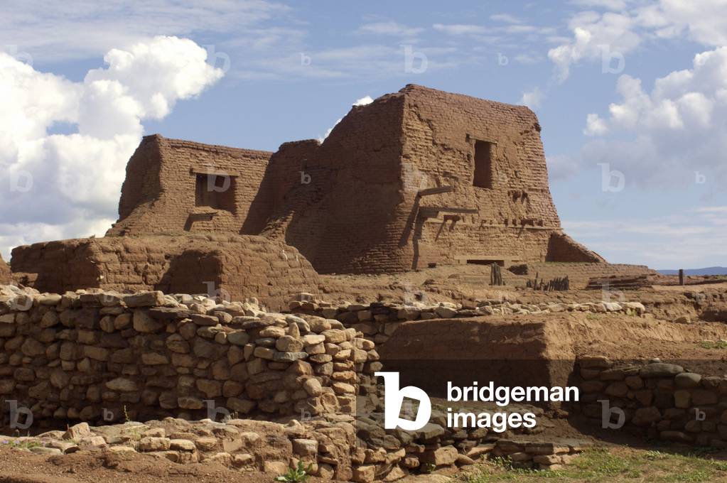 Ruins of Spanish mission at Pecos Pueblo, seat of the 17th-century Pueblo Revolt, New Mexico.