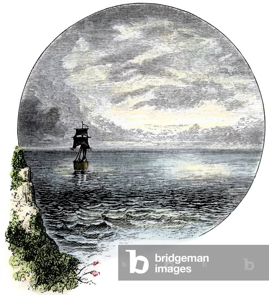 A sailboat in sight of land, circa 1800. 19th century lithography.