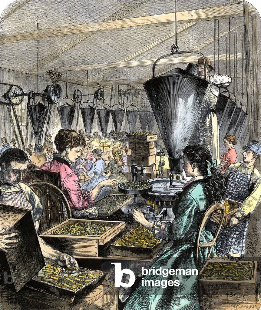 Workers in a rifle cartridge factory, circa 1870.