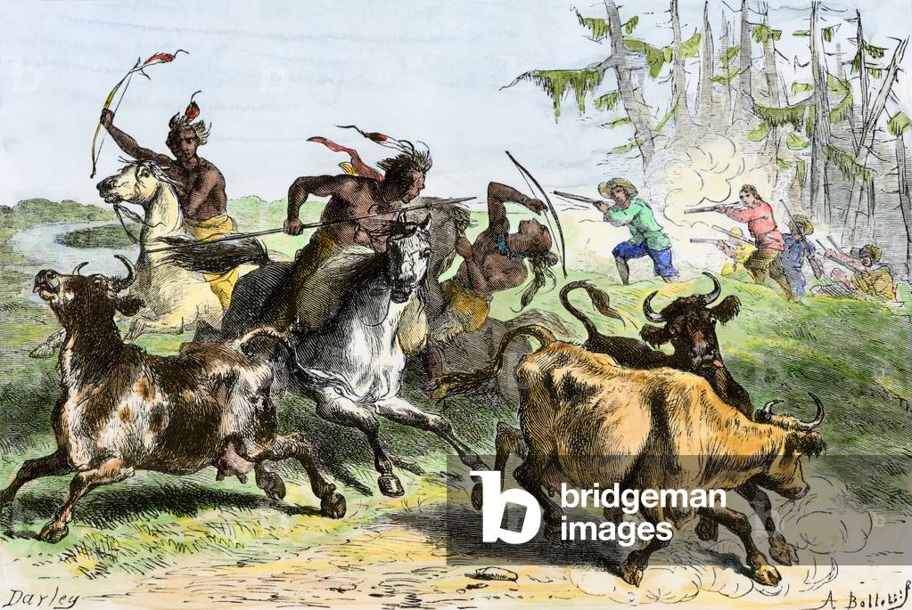 Conflict between farmers and Indians, attacking the beetail convoy of settlers in South Carolina. Strong water in colours from a 19th century illustration.
