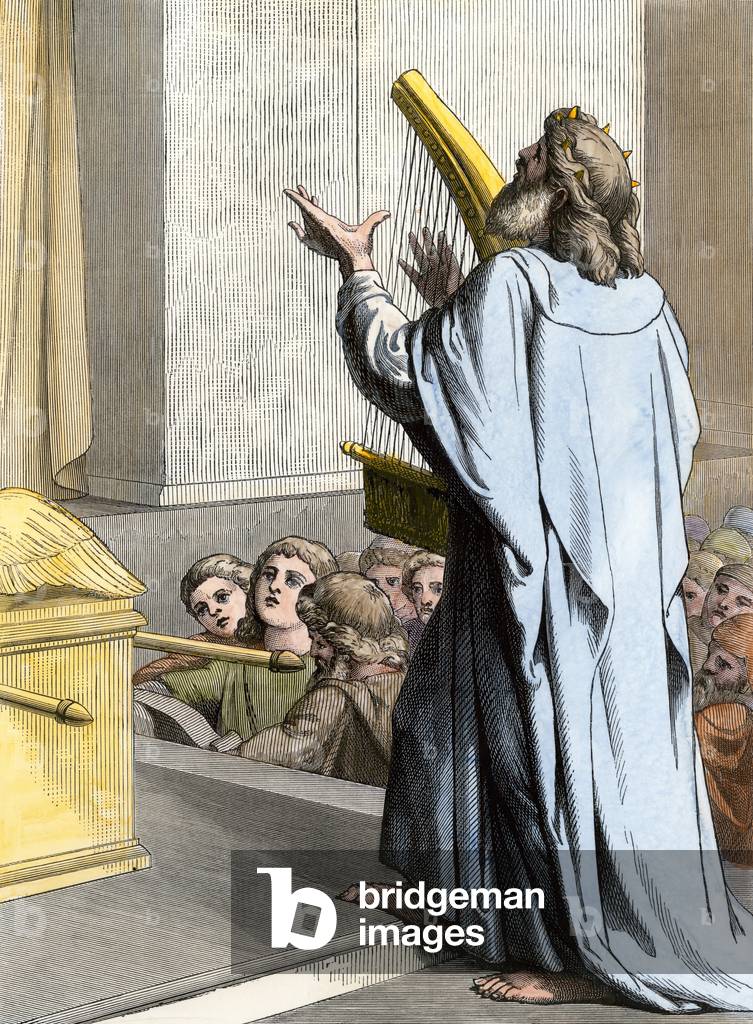 King David plays the harp in front of the people of Israel.