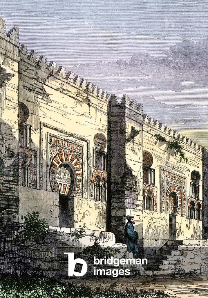 Mosquee of Cordoba in Spain founded by King Moorish Emir Abd al-Rahman I or Abderamane I (Abd al-Rahman) (731-788) in 784-786. Today Christian Cathedrale. Colour engraving of the 19th century.