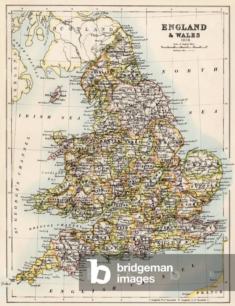 Geographic map of England and Wales, circa 1870. 19th century colour engraving