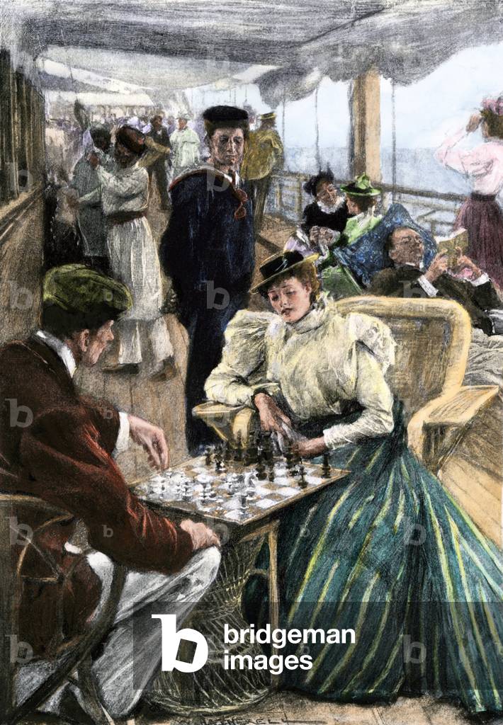 Passenger leisure on the deck of a P & O liner, chess game, reading, conversation, under the gaze of a crew member, circa 1900. Colour engraving.
