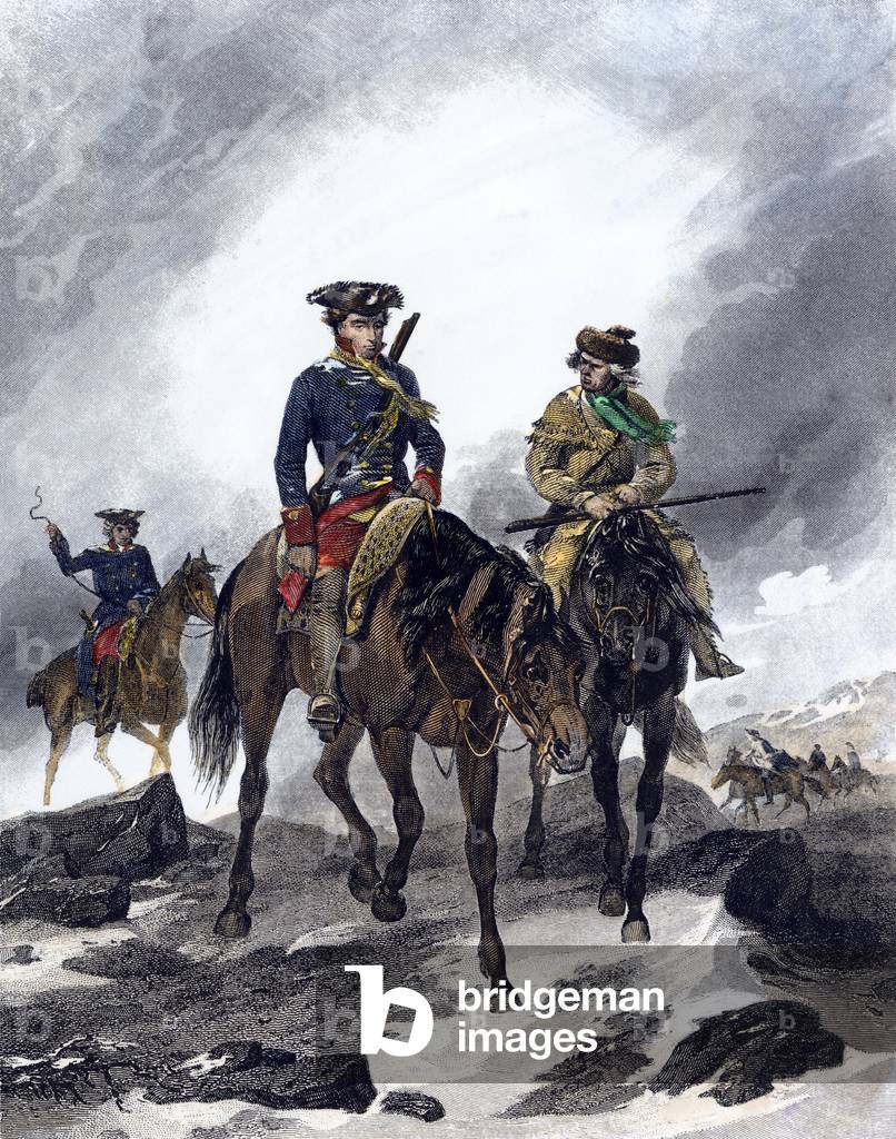 George Washington (1732-1799) on mission to the Ohio Valley during the French-Indian War (1774-1783). Colouring engraving of the 19th century.