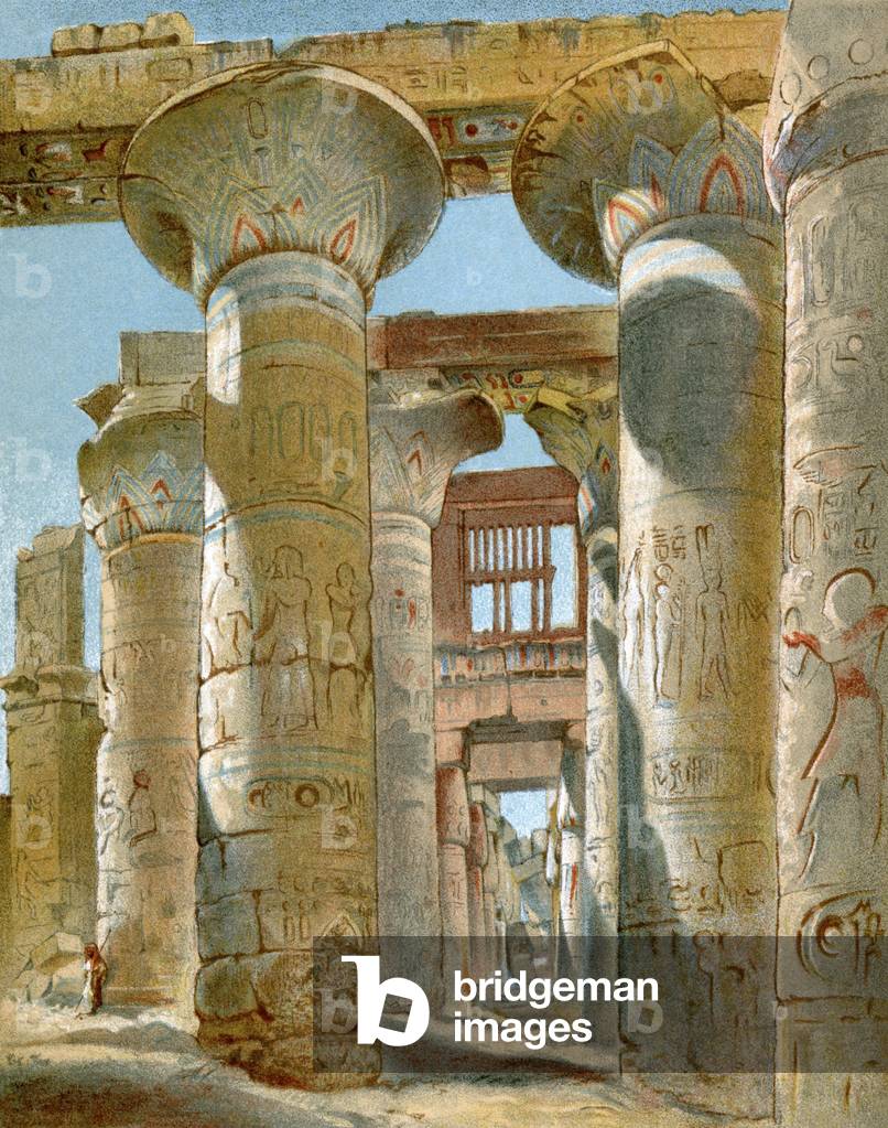 Architecture and Art of Antiquity: Ruins of the Great Temple of Karnak, site of the city of Thebes, ancient Egypt. Engraving of the 19th century.