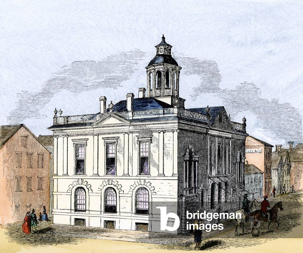 United States, South Carolina State: Former customs house in Charleston, years 1850. Colour engraving of the 19th century.
