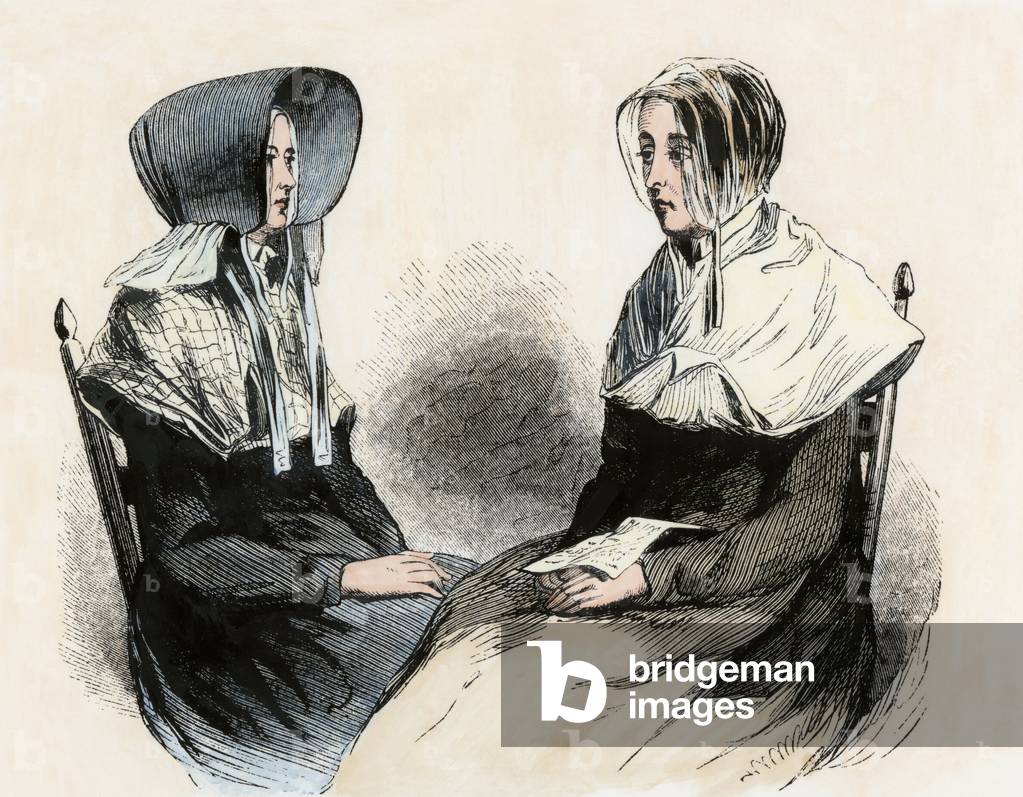 Daily dress of the women of the Shaker community (a branch of Protestantism, born in the early 18th century), in Lebanon (New York, USA), circa 1850. Wood engraving, colour setting, 19th century.