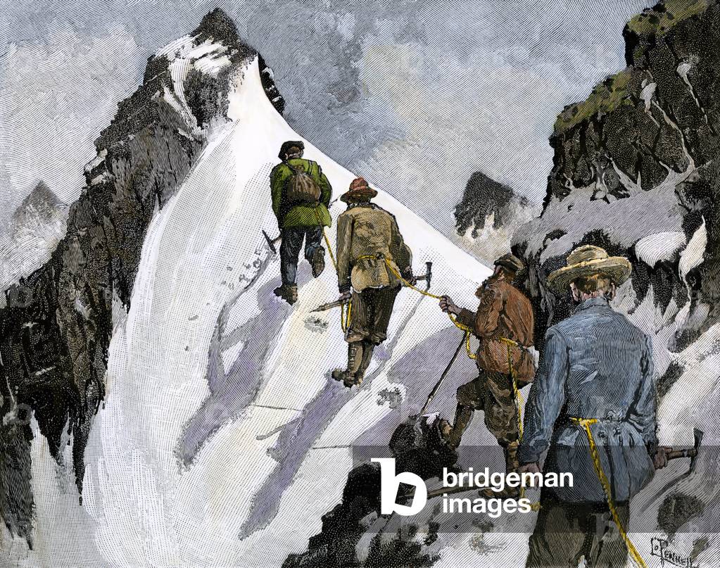 Mountaineers in a passage of the Alps around 1890.