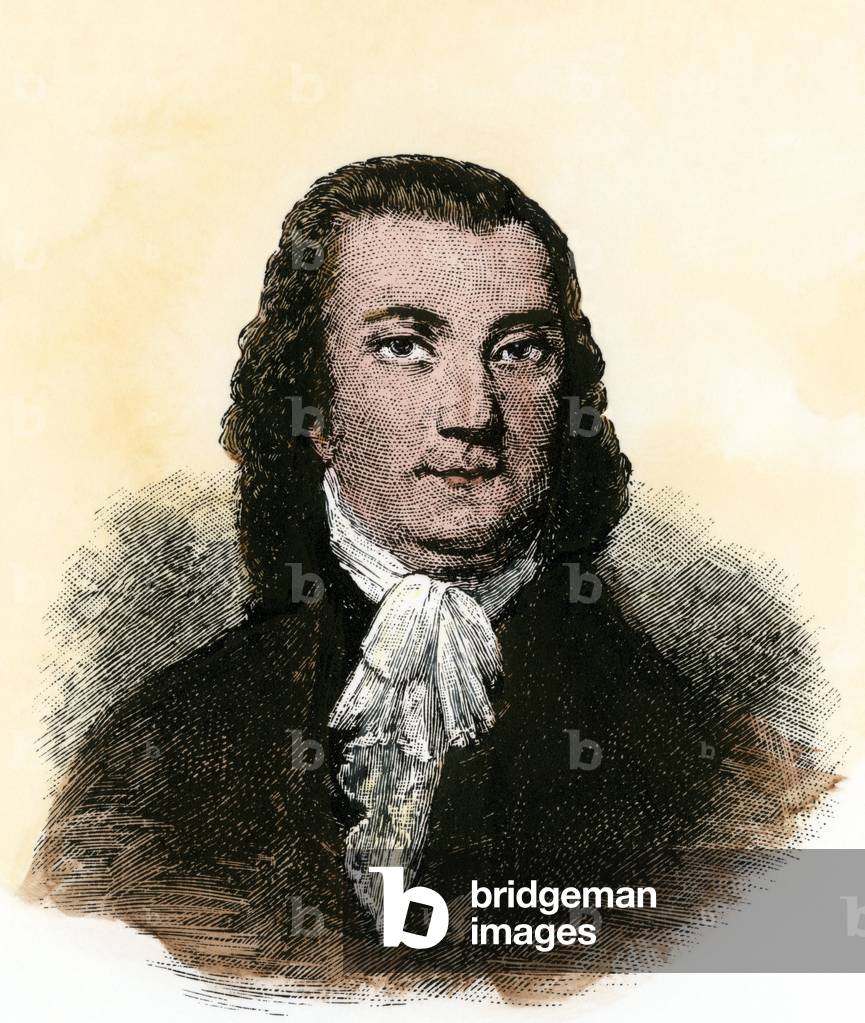 Portrait of Robert Livingston (1746-1776), one of the founding fathers and member of the commission of five, charged with rediging the declaration of independence of the United States of America - Colorated engraving - Founding Father Robert Livingston - Hand-colored woodcut