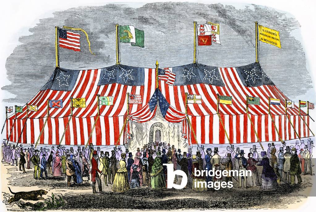Huge tent of P.T. Barnum's American Museum and Menagerie, 1850s.
