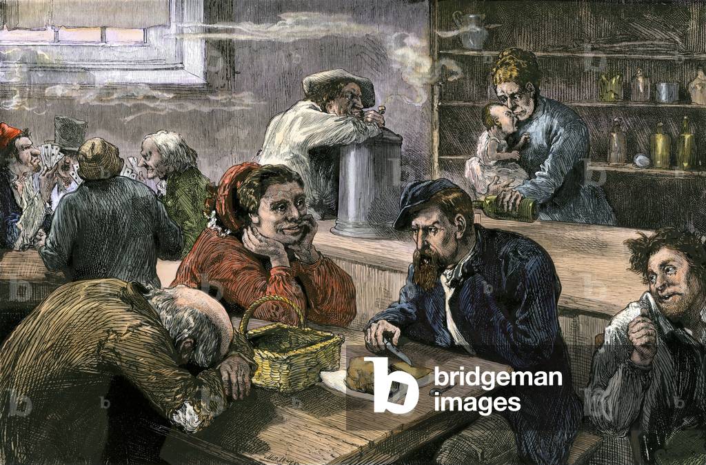 Foyer de Mendiants in the Northern Liberties neighborhood of Philadelphia, years 1870. Colour engraving of the 19th century.