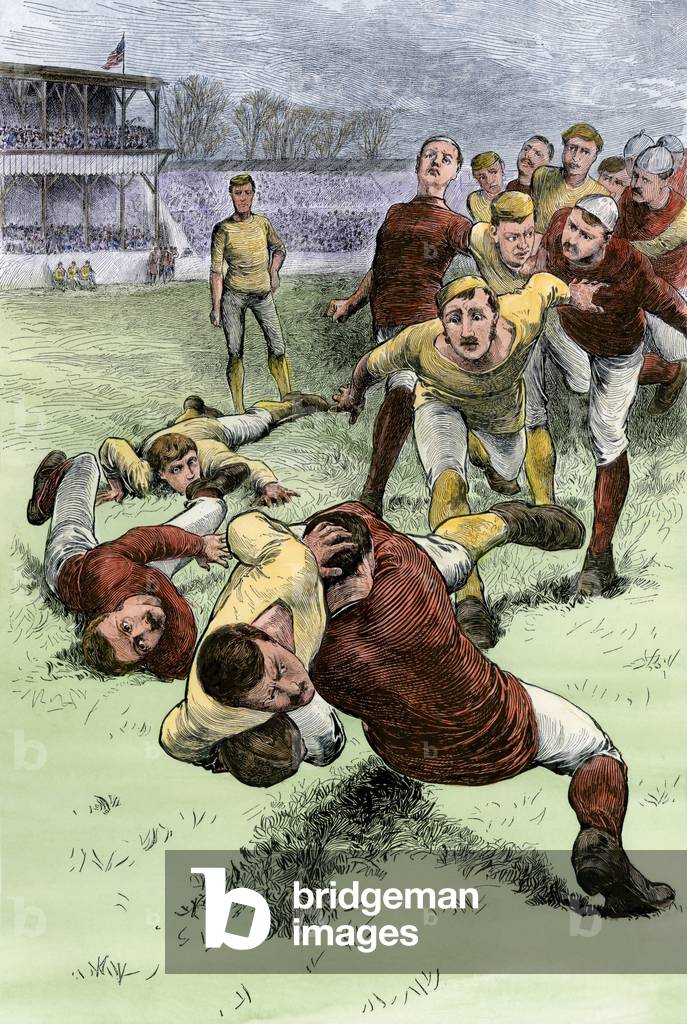 Match inter lycee, circa 1880. Player grabs at the collar. Illustration 19th century. Engraving on wood colour.