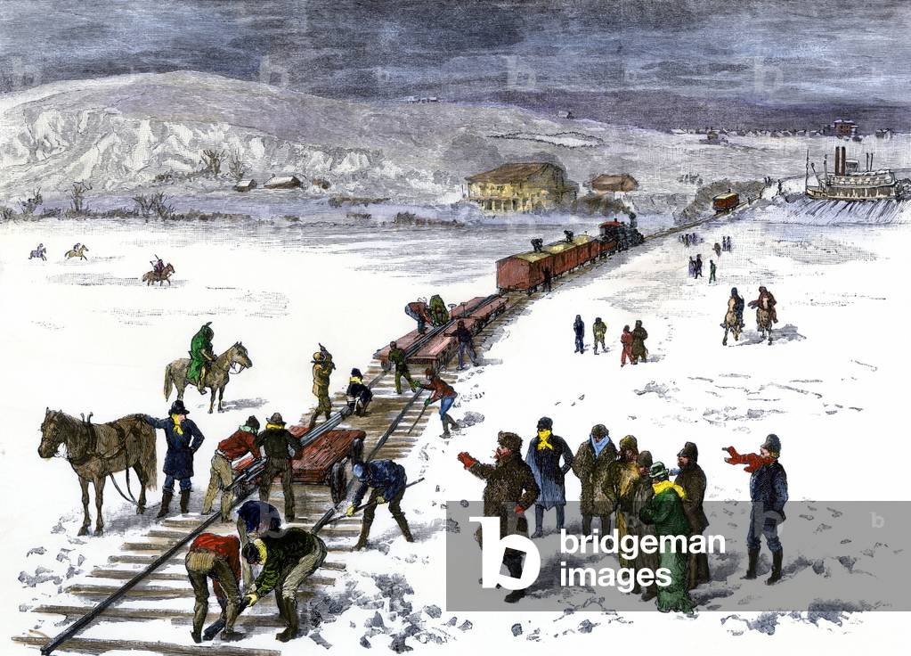 United States, North Dakota State: Railway installation in winter over Missouri River to Bismarck 1879. Colour engraving of the 19th century.