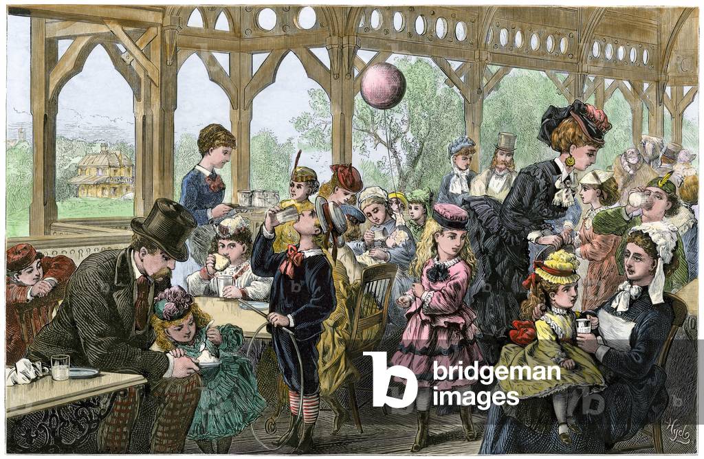 Children drinking milk at the dairy in Central Park, New York (USA), circa 1870 - Colorized engraving, 19th century - Children drinking milk at the dairy in Central Park, New York City, 1870s - Hand-colored woodcut of a 19th-century illustration