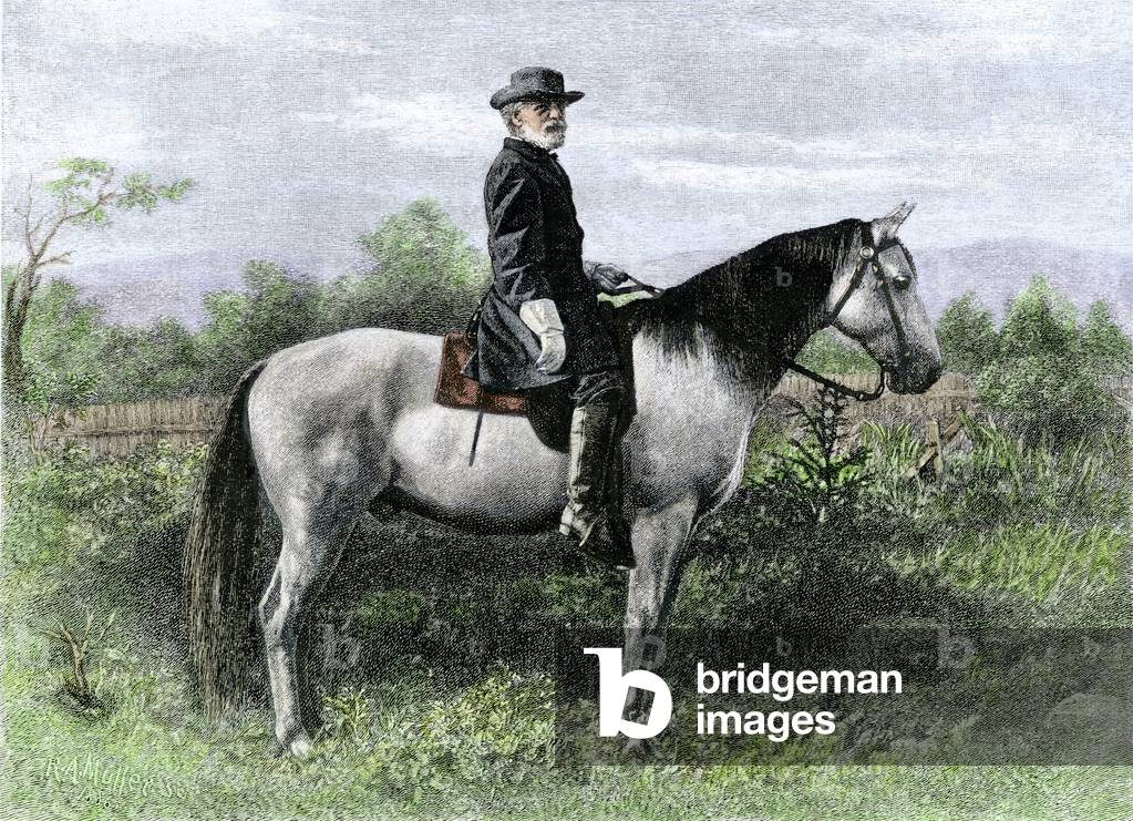 The Secession War or American Civil War (1861-1865): portrait of General Robert Edward Lee (1807-1870) of the Confederate Army on his horse “Traveler”. Colouring engraving from a photo taken by Mr. Miley in 1876.