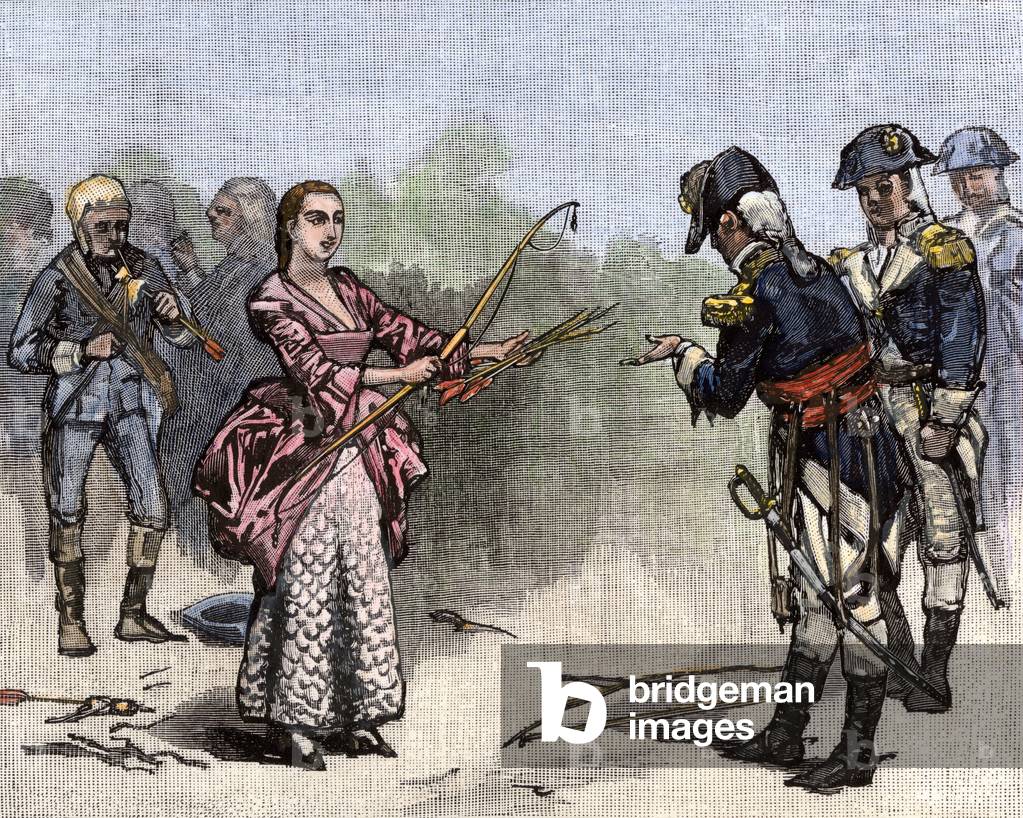 Bild von Gravur "Unabhängigkeitskrieg der Vereinigten Staaten von Amerika (1775-1783): Frau Motte half der ame