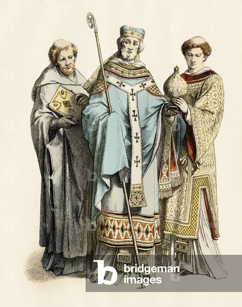 Monk, Archeveque, 11th century priest in Europe. Colour engraving.