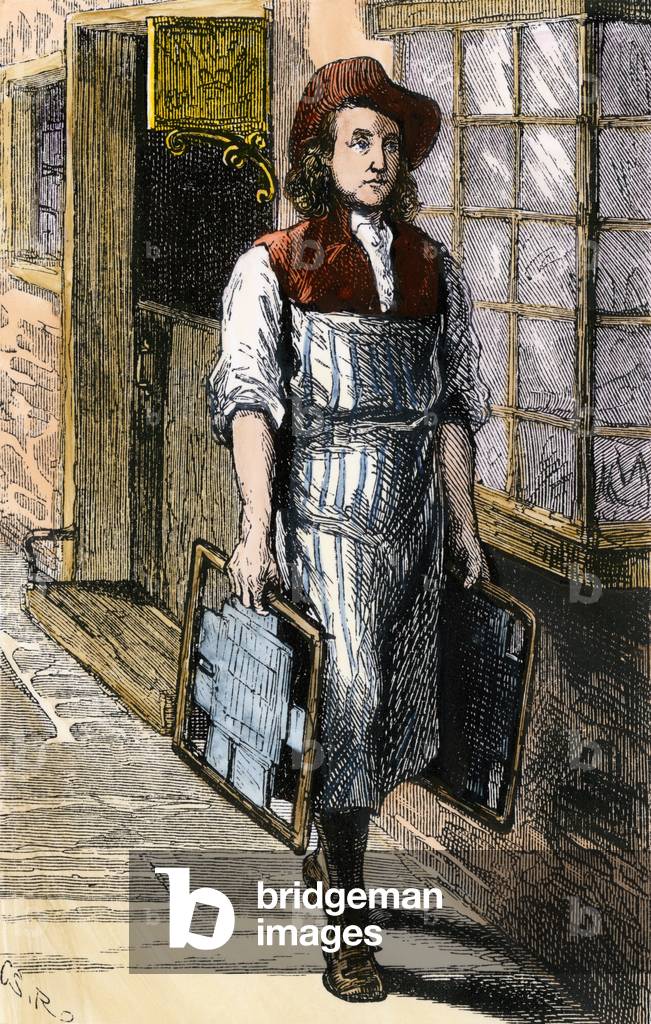 Portrait of the young Benjamin Franklin (1706-1790) wearing his boxes of typographical characters upon arriving in Philadelphia to work in a printing shop. Colour engraving of the 19th century.
