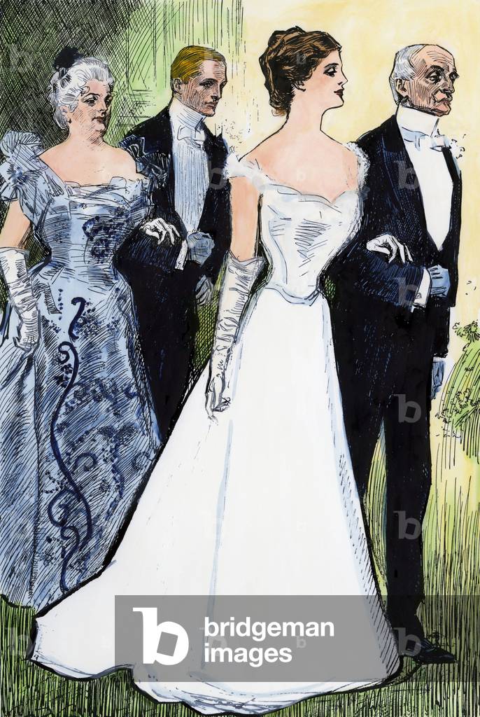 Debutante escorted by her father for her first ball in society, circa 1900. “Gibson girl”, representation of the ideal American female in the early 20th century, prefiguring the pin up. Lithograph based on an illustration by Charles Dana Gibson (1867-1944).