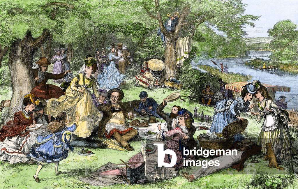 Everyday life, Victorian England: families gathered for a summer picnic by a river. Leisure varies, games, boating, nap, conversation... around 1870. Colour engraving, 19th century.