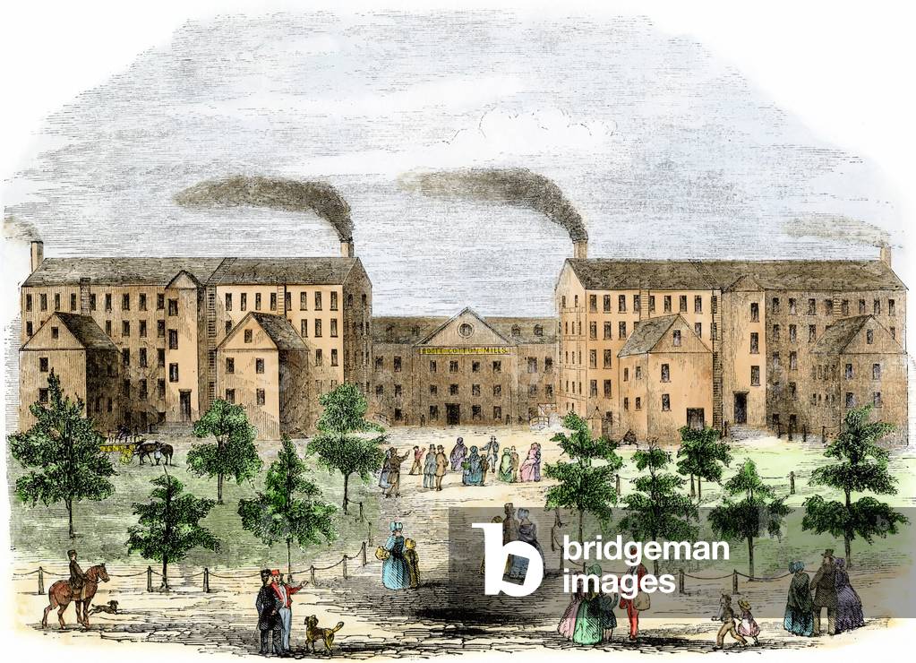 Textile Factory: Kirk Boott Cotton Industry (1791-1837) on the Merrimack River (Merrimac), Lowell, Massachusetts, USA in the 1850s. Colouring engraving of the 19th century.