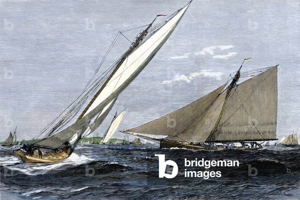 The competing sailboats Mayflower, Puritan and Priscilla in a regatta of the east coast, organized by a yacht club of Marblehead (Massachusetts, USA). 19th century lithography.