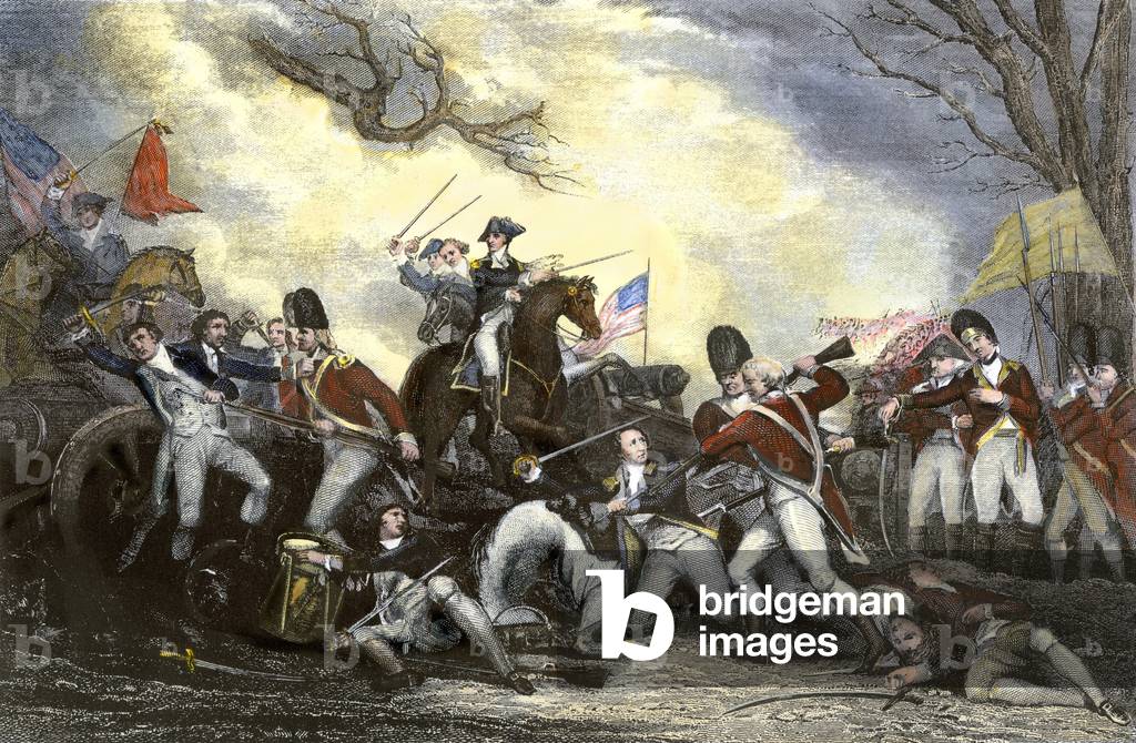 War of Independence of the United States of America (1775-1783): Battle of Princeton in which the armed troops of General Hugh Mercer who died on the battlefield were rallied by General George Washington on January 3, 1777. Colour engraving of the 19th century