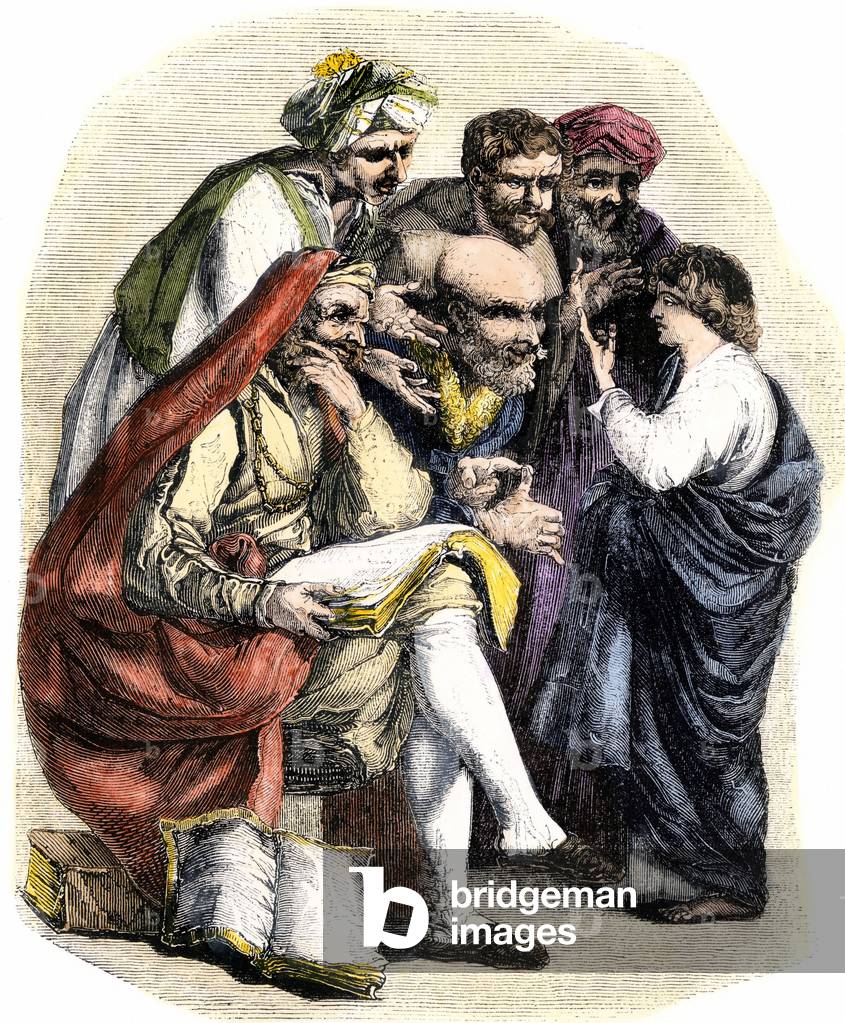 Israelite and table of law: Jews after the laws of a child, ancient Israel. Colour engraving of the 19th century.