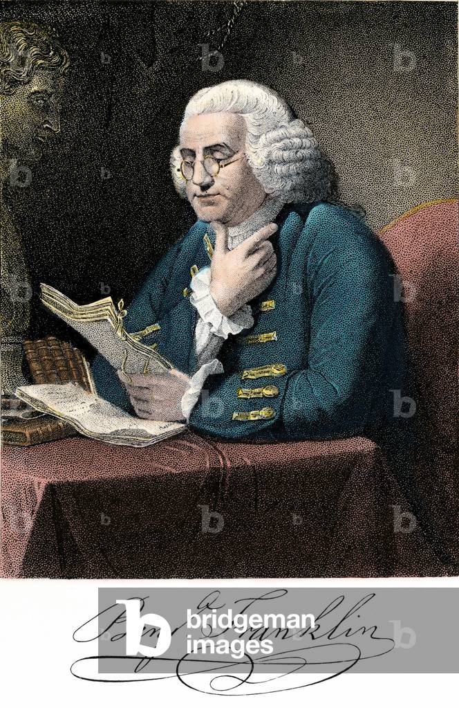 Immagine di Incisione "Ritratto di Benjamin Franklin (1706-1790) ha la sua scrivania con firma."