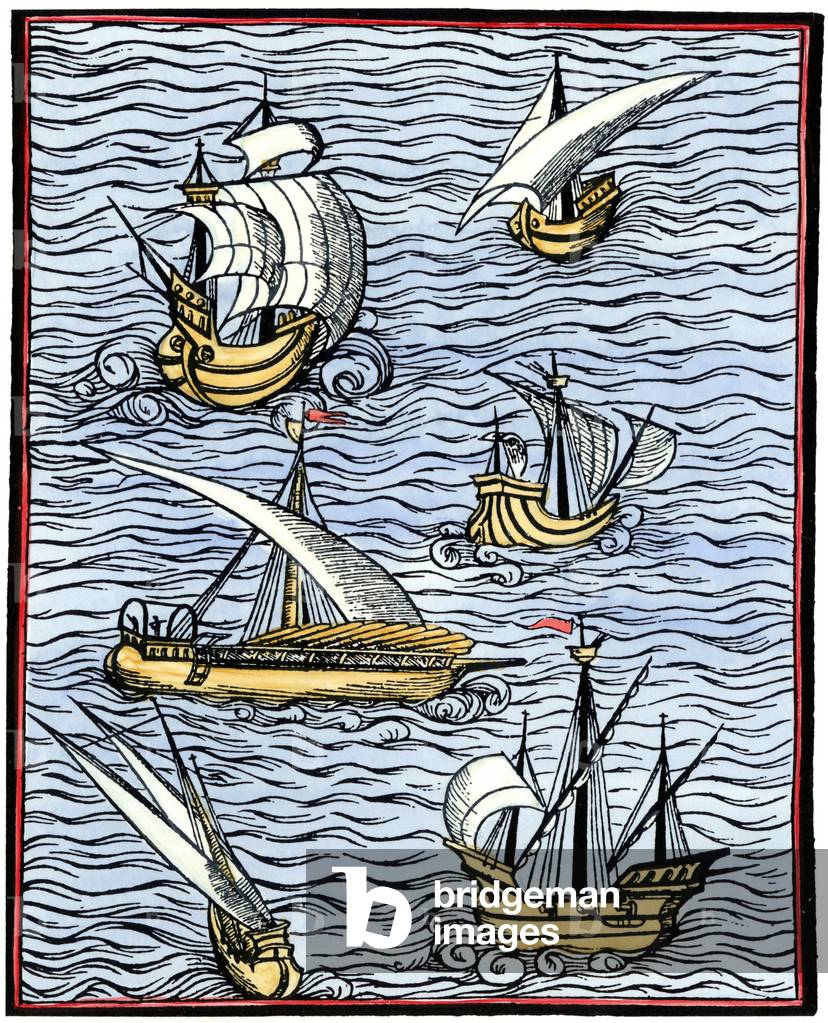 Caravelles, in “” Libre de cololat tractat dels fet maritims,”” Portugal, 1502. Colour engraving of the 19th century after an illustration of the 16th century.