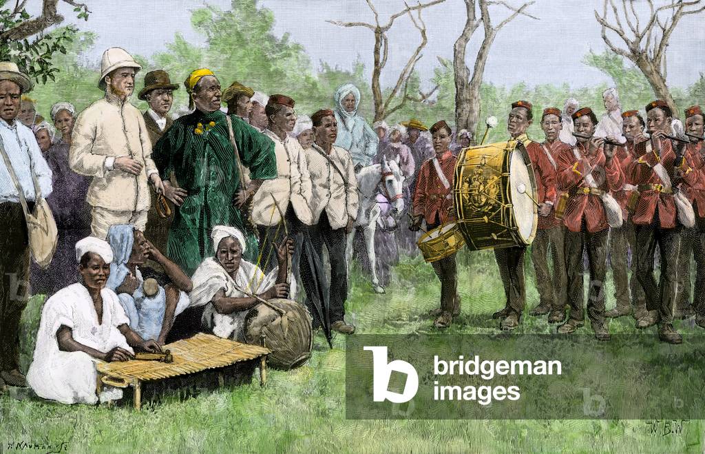 Colonial Africa: British Administrator of the Gambia with a tribe leader, 1889. Colouring engraving of the 19th century.