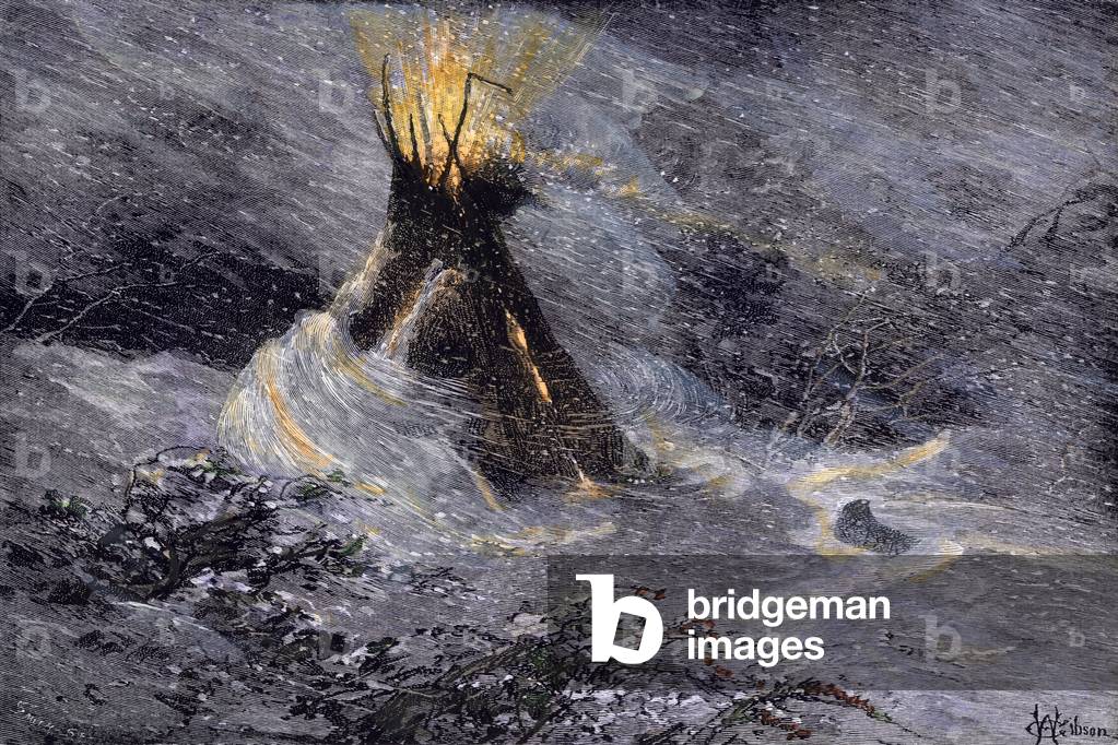Tipi (Tepee), a Sioux Indian dwelling, in a snow storm, emitting sparks from the centre of the hole to its top, in the Grande Prairie (USA and Canada), circa 1800 Lithography, 19th century.